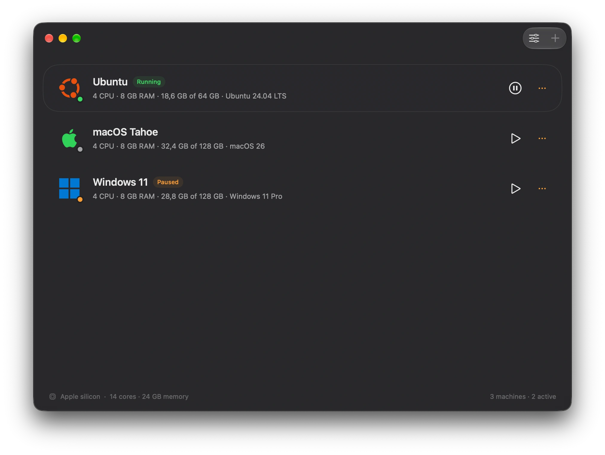 The MacVM library with Ubuntu running, macOS Tahoe ready to start, and Windows 11 paused